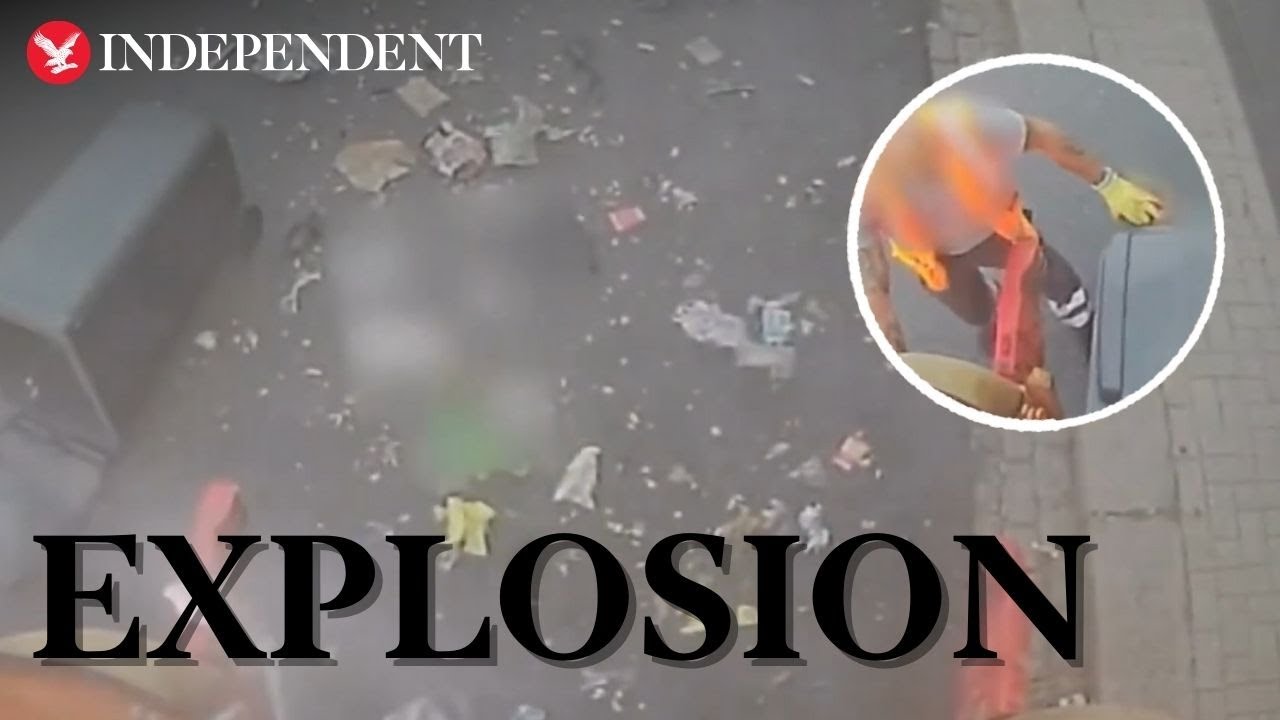Moment refuse workers narrowly dodge exploding bin lorry caught on camera