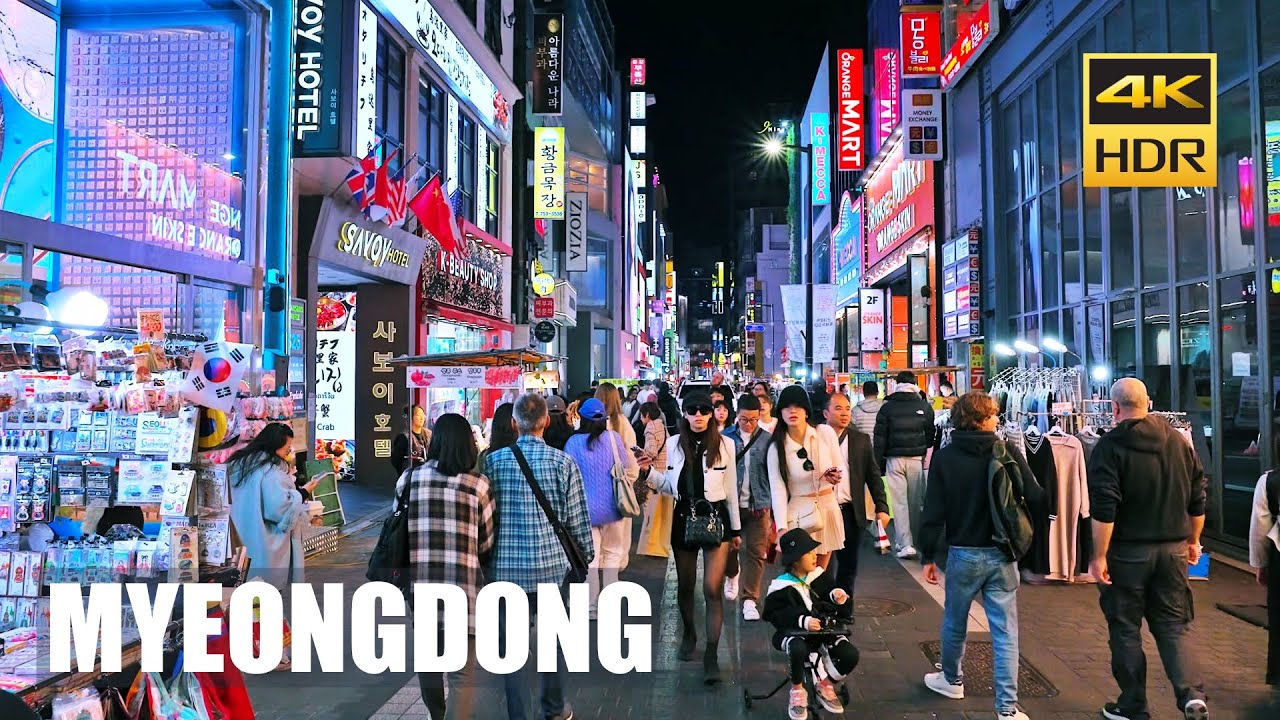 Seoul Autumn Night Walk from Cheonggyecheon to Myeongdong | Korea Travel 4K HDR