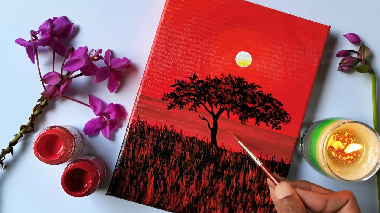 Beginner Friendly Acrylic Sunset Painting | Easy Landscape Canvas Art