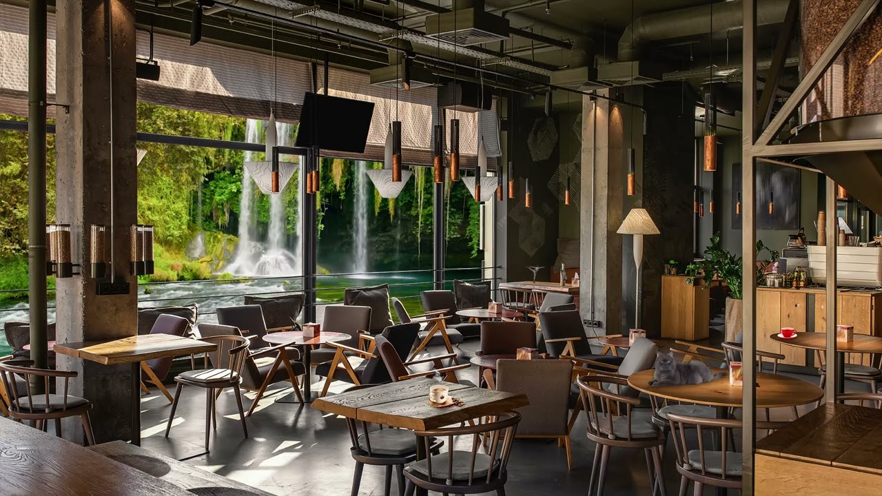 Spring Forest    Coffee Shop Ambience   Cafe Ambience with Smooth Jazz Music, Waterfall Sounds