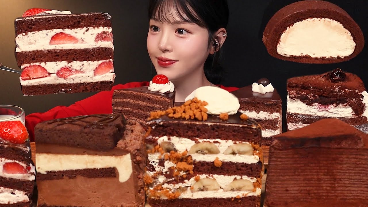 SUB)초코케이크 특집!🍫🍰 딸기초코 크레이프 로투스바나나 초코크림 롤케이크까지 디저트 리얼사운드 Chocolate Cake Dessert Mukbang Asmr