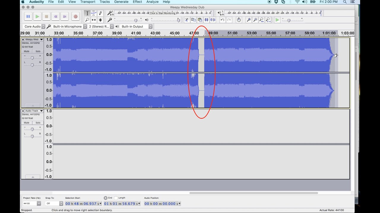 Remove silent gap from track in Audacity and splice track
