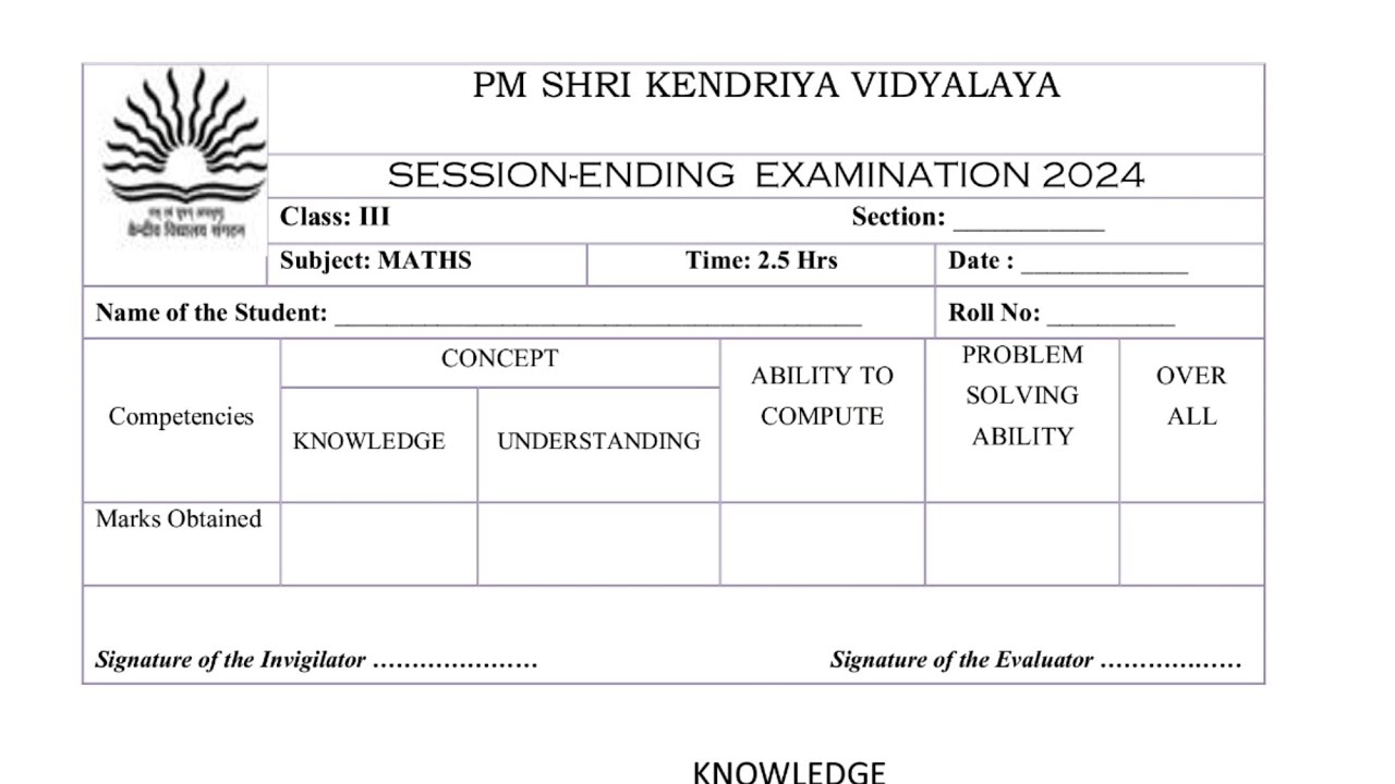 CLASS-3 Maths / SEE 2024 / Annual Exam Question Paper / TERM-2/ KV CBSE /Kendriya Vidyalaya students
