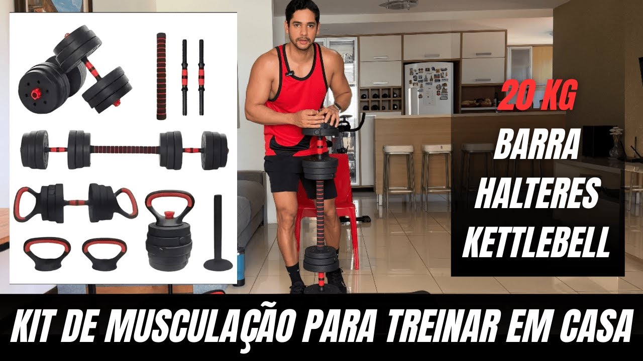 TODOS OS DETALHES DO KIT DE 20KG PARA TREINAR EM CASA | BARRA, HALTERES, KETTLEBELL E ANILHAS