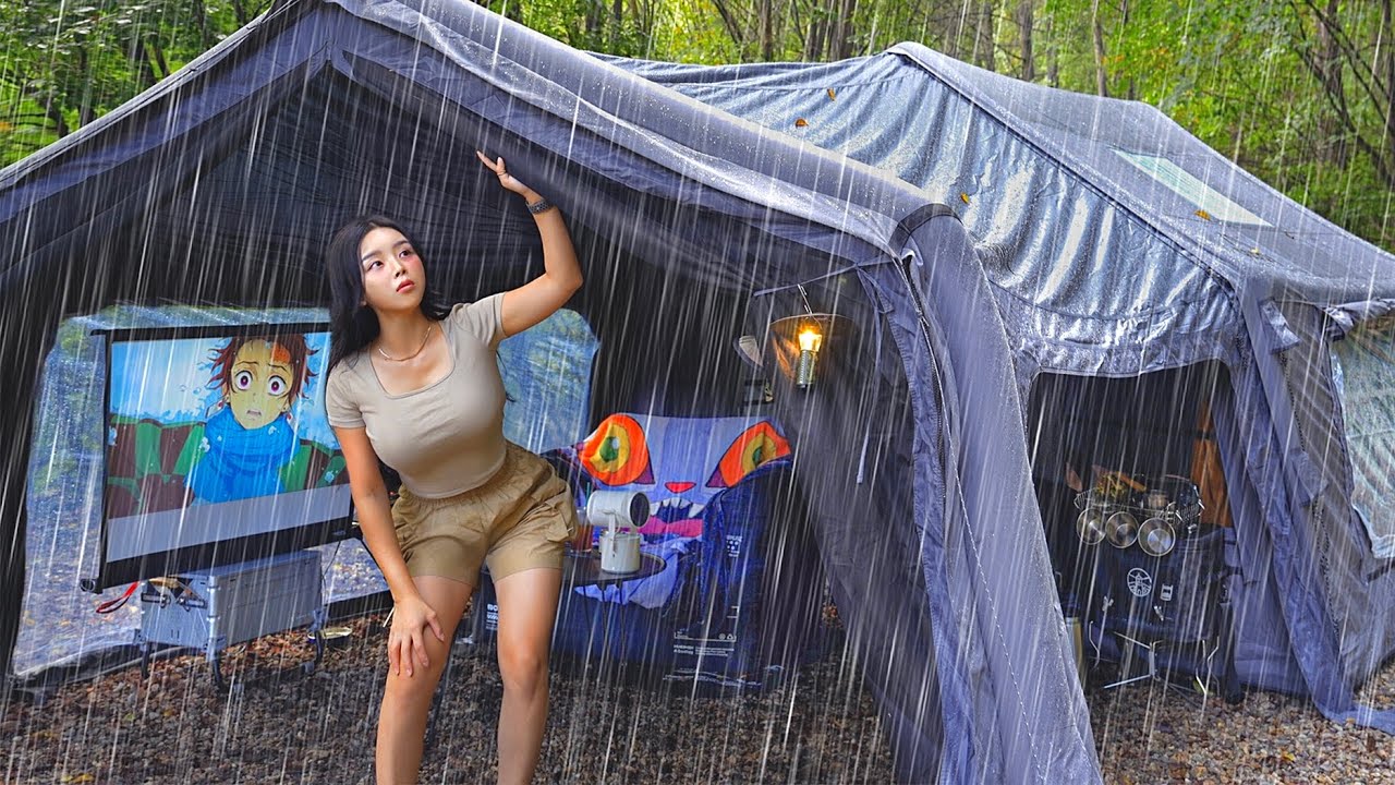 2-КОМНАТНЫЙ НАДУВНОЙ ДОМИК ДЛЯ КЕМПИНГА В ЛЕСУ В СИЛЬНЫЙ ДОЖДЬ ☔️ ЗВУКИ ДОЖДЯ .
