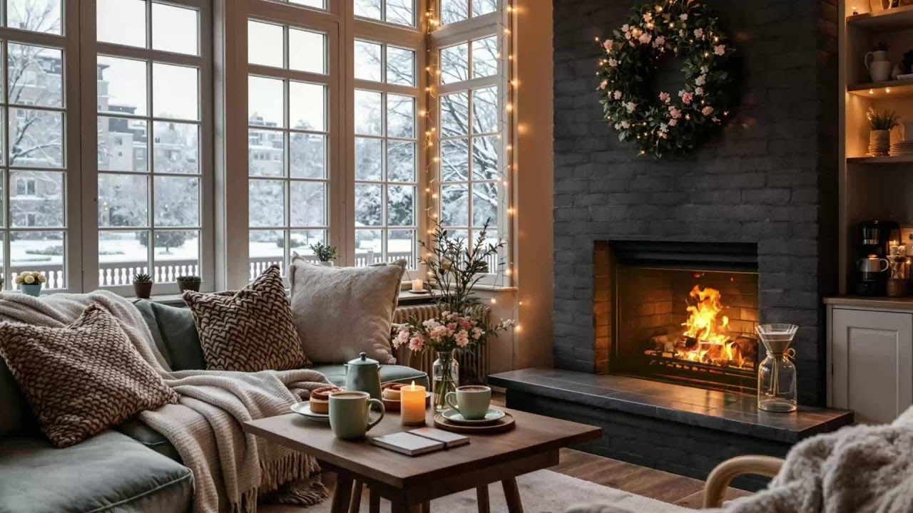 Winter Morning Jazz + Fireplace ☕ Cozy Coffee Shop Ambience for Work & Chill