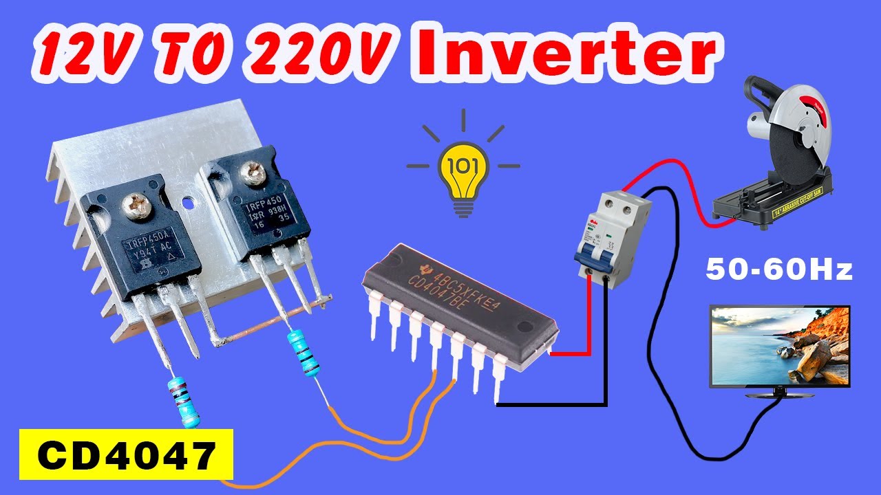 How to make a Powerful Inverter 12v DC to 220v AC using CD4047, 50hz 60hz Invereter