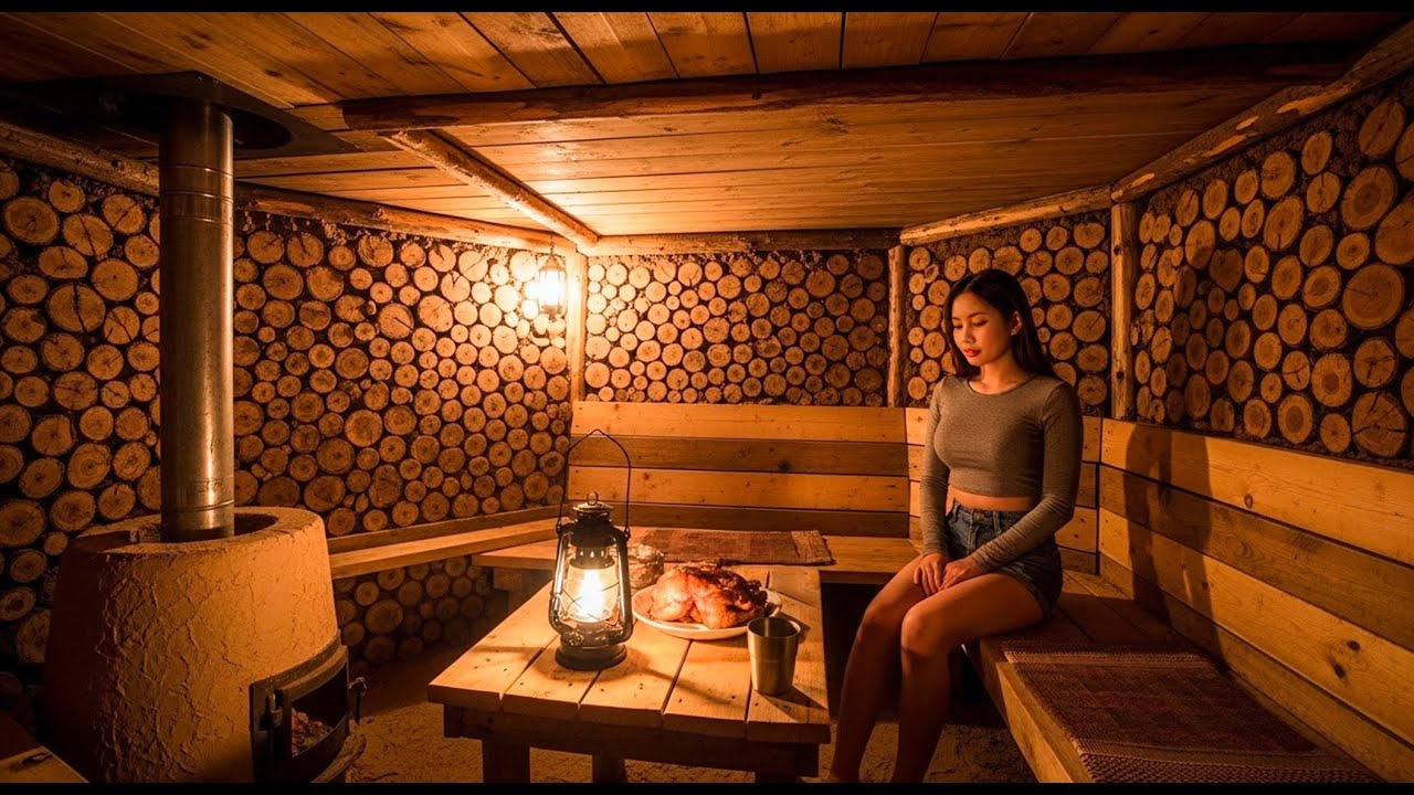 Young Girl Builds a Modern Underground Hut With a Grass Roof in Hard Ground - Rough Wood with Clay