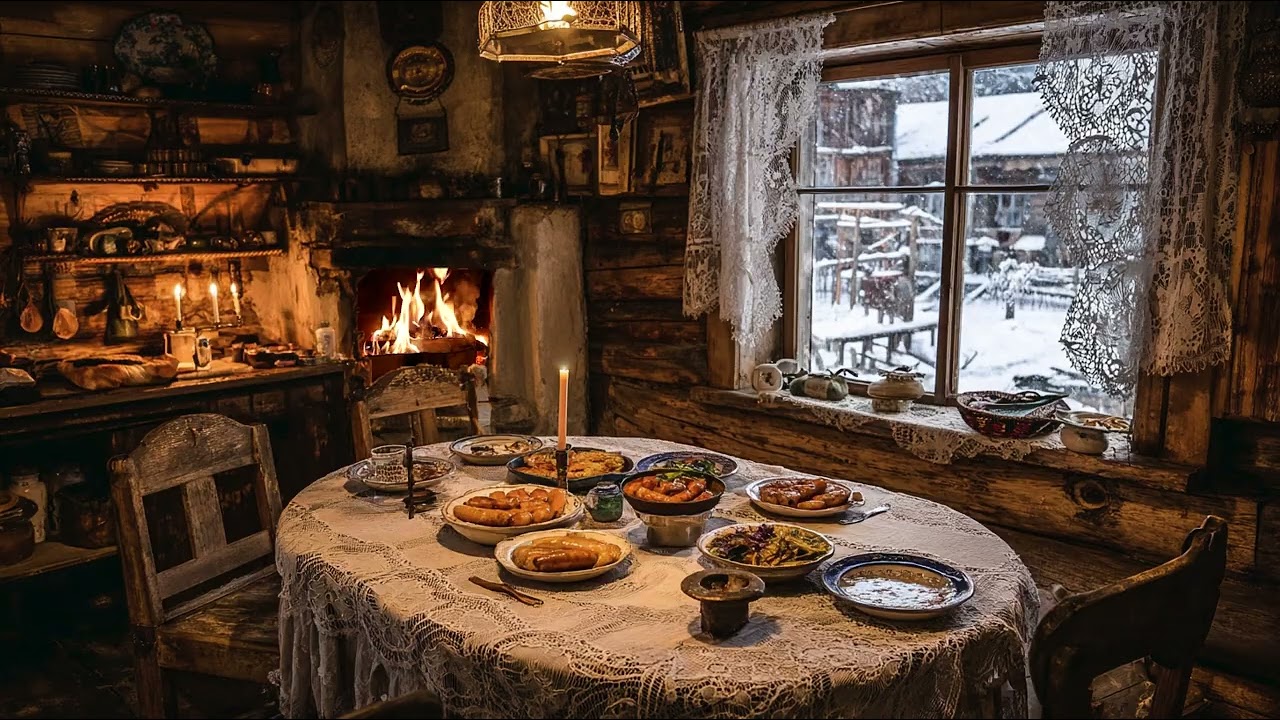 Snowy Winter Kitchen ❄️ Fireplace & Gentle Piano Cello Music for Stress Relief