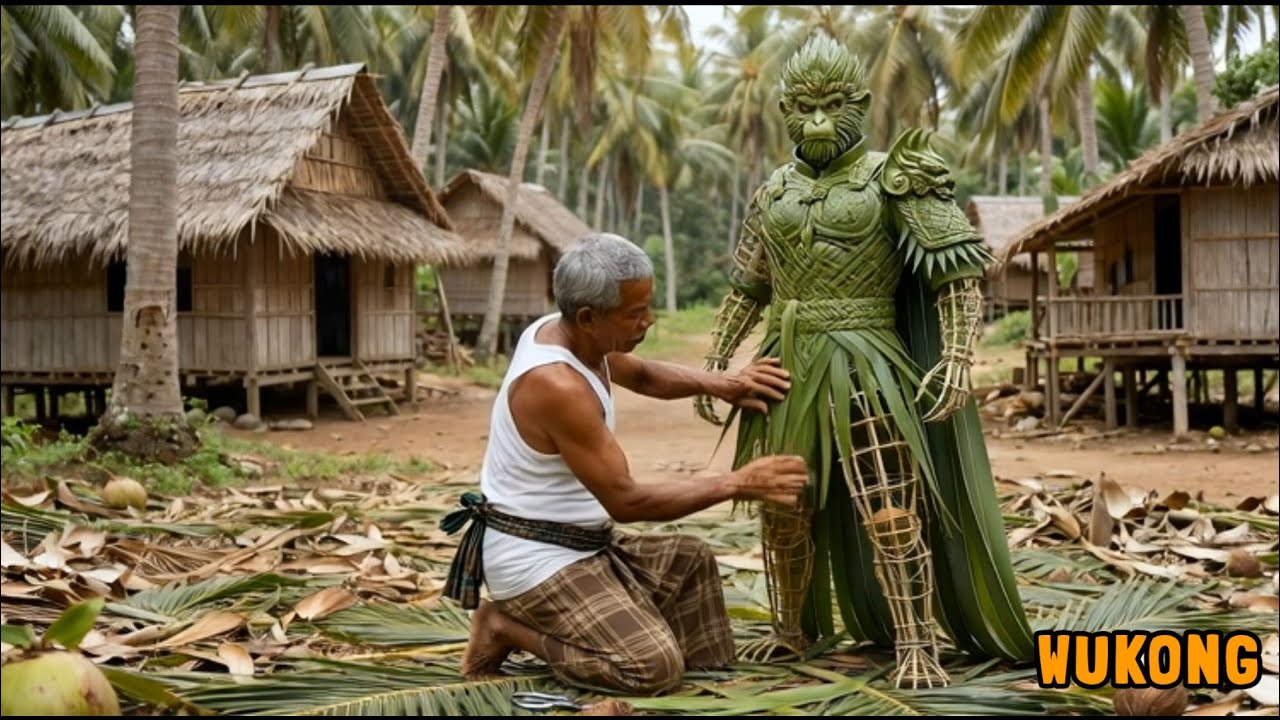 An Old Man Crafts a Wukong Statue from Coconut Leaves