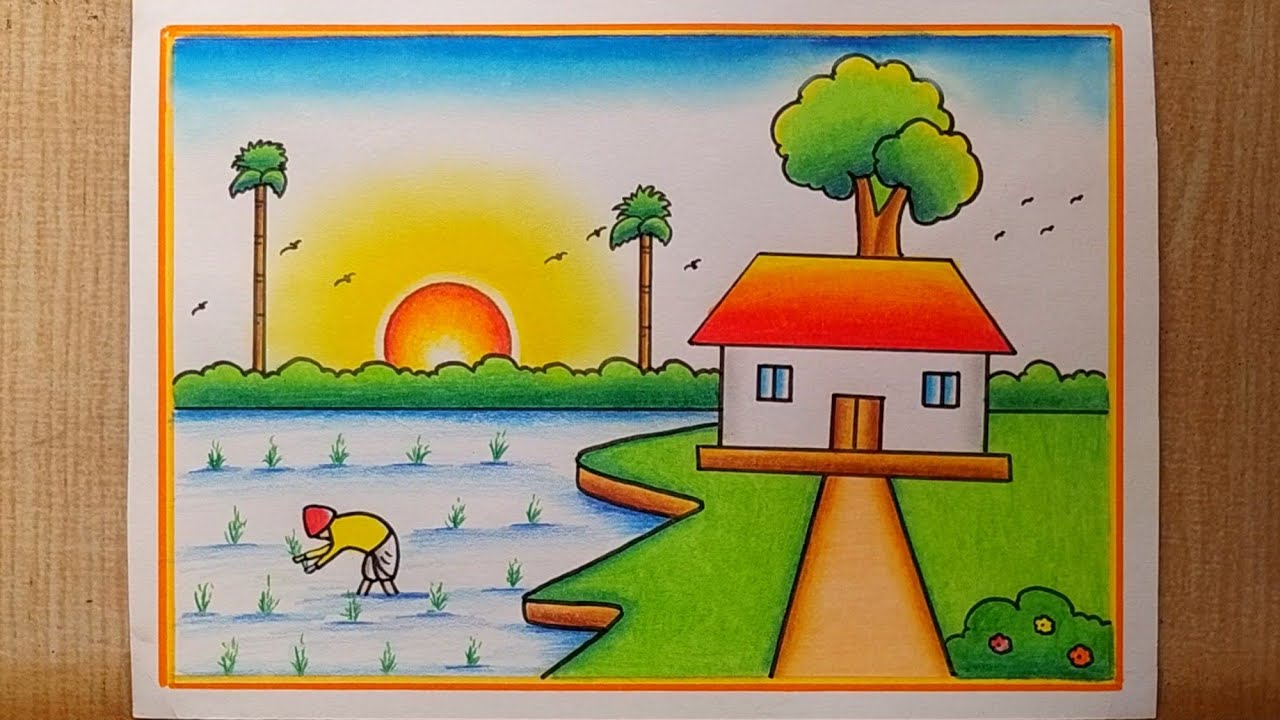 Paddy field with farmer scenery drawing| Village scenery drawing| Easy House,Sun,Trees,Bird Scenery