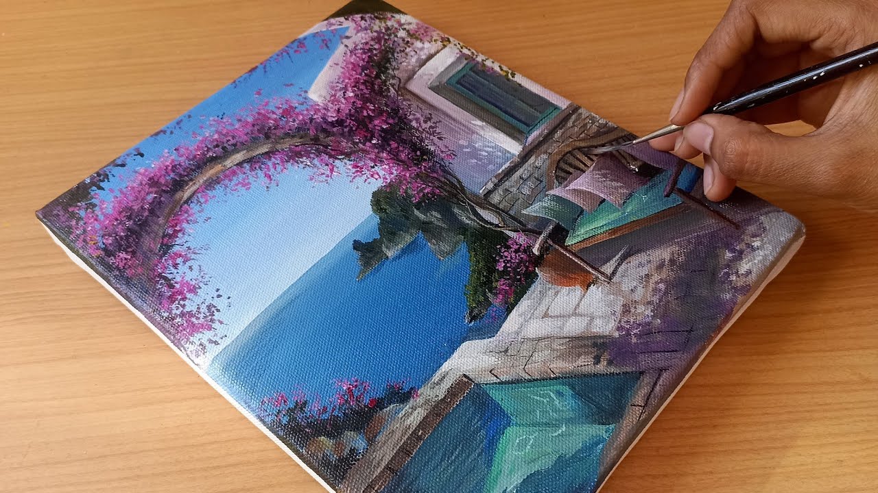 How to Draw a Seaside View In Acrylic/How to Draw A Cottage With Flowers 
