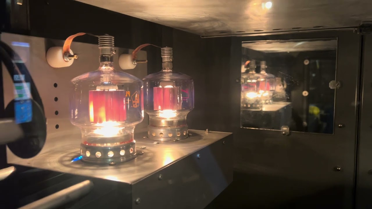 Testing Collins 20 V broadcast transmitter after new final power tubes are installed.   ￼