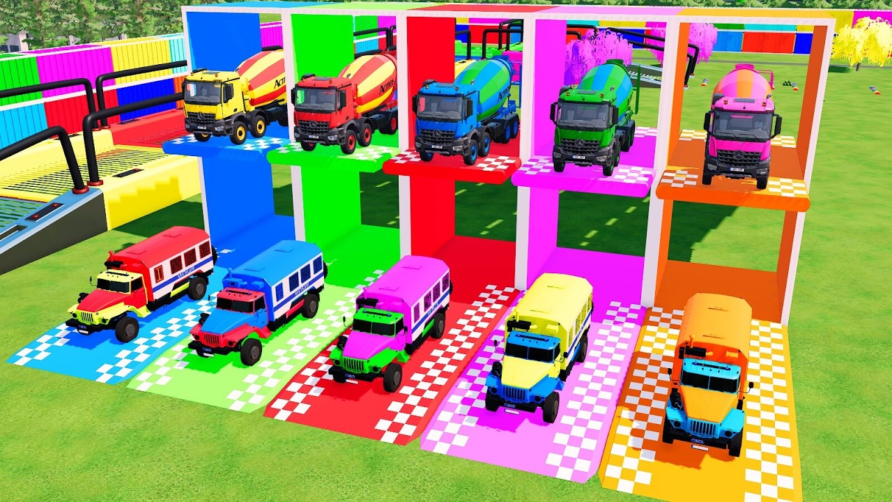 Garage with Colors - ALL MIXER TRUCK WITH DOUBLE FLATBED TRAILER TRUCK, MACK, IVECO, WESTERN STAR