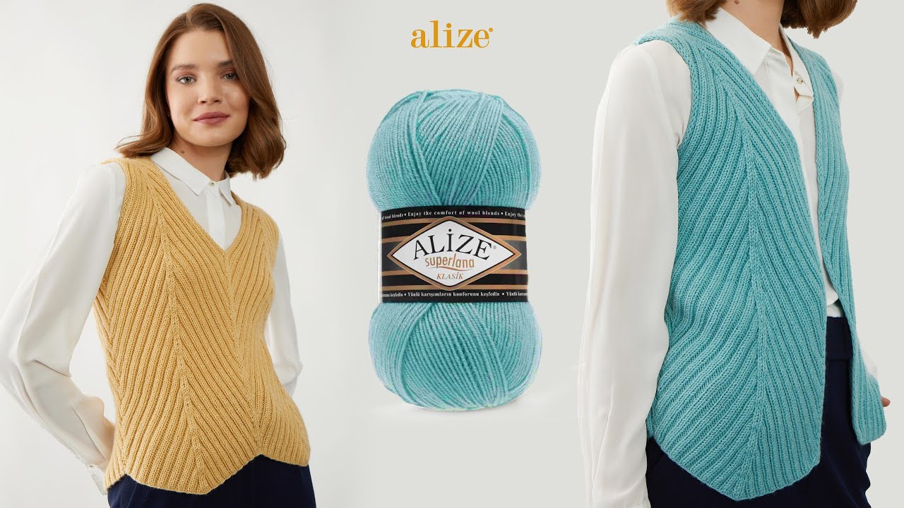 Жилет с диагональной резинкой с Alize Superlana Klasik