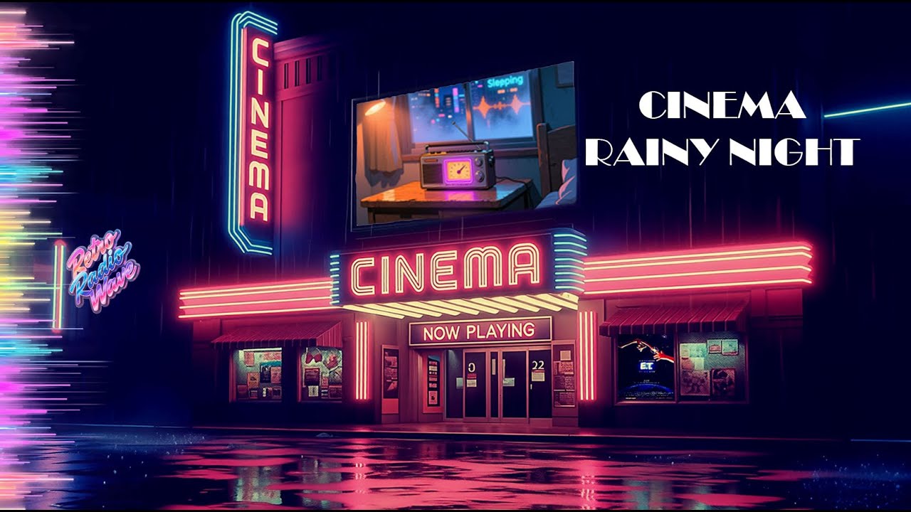 Neon Rainy Cinema Retro Radio 🌧️ Night Ambience | Vintage Film Entrance | 1 Hour