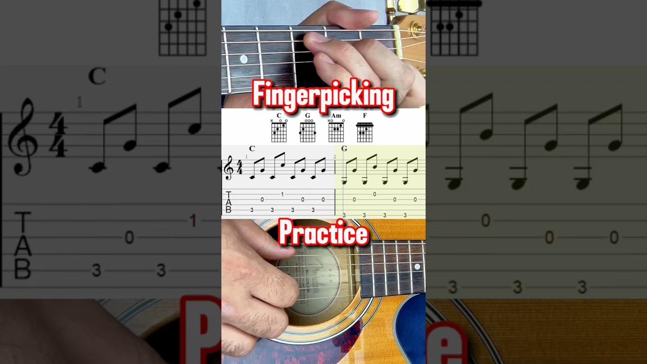 Basic fingerpicking practice! Simple acoustic guitar plucking pattern with chords C-G-Am-F