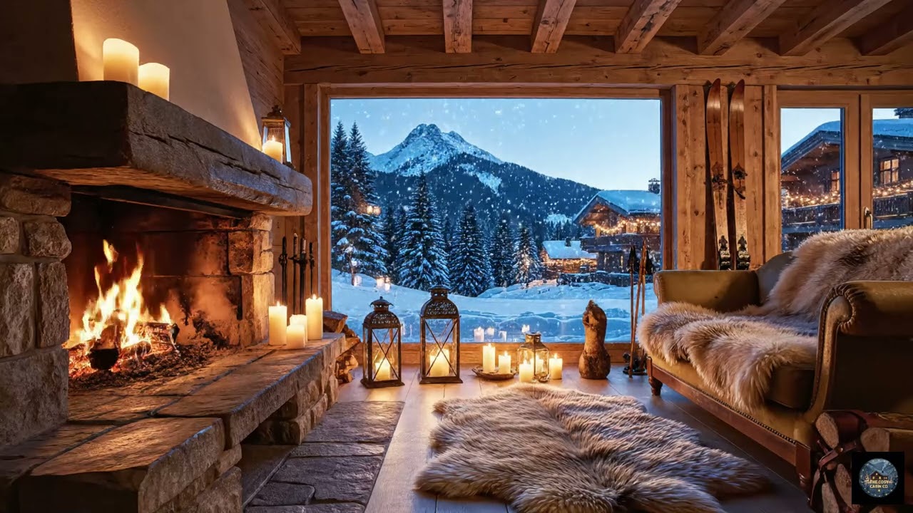Cosy Ski Chalet at Dusk ❄️🔥 Getting Dark, Crackling Fire & Snowfall Ambience