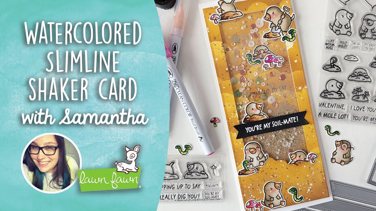 Watercolored slimline shaker card with Samantha