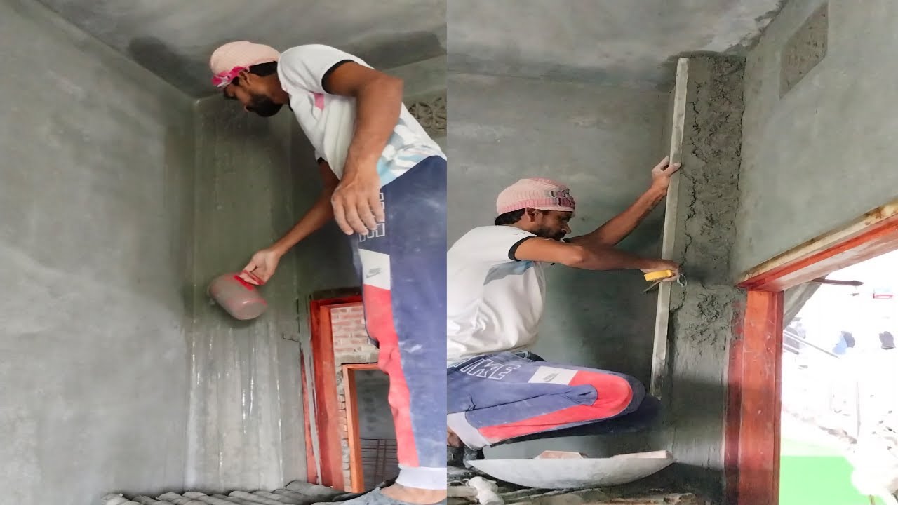 Techniques of plaster column_ Columns plastering by cement and sand/plastering with speed 