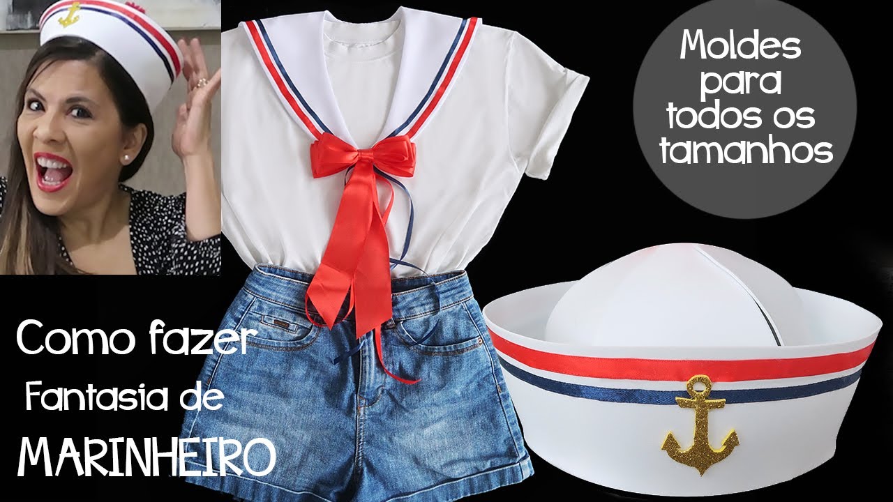 COMO FAZER FANTASIA DE MARINHEIRO, GOLA E CHAPEU, MOLDE PARA TODOS OS TAMANHOS