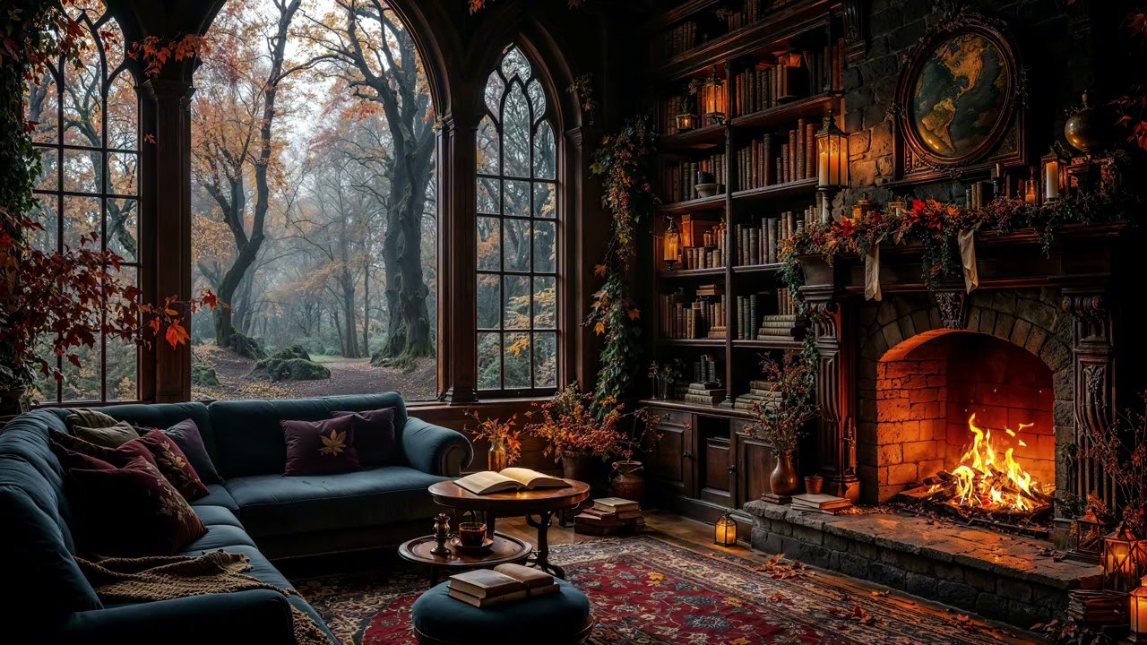 🍂 Cozy Autumn Cabin Escape | Fireplace Crackle & Calm Reading Ambience