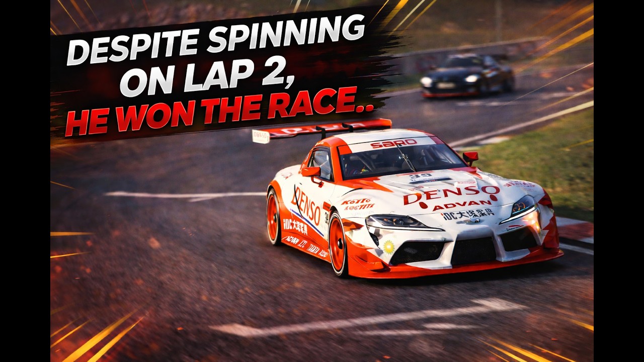Despite spinning on lap 2, he won the race.. Gr3 Daily Race C at Mount Panorama