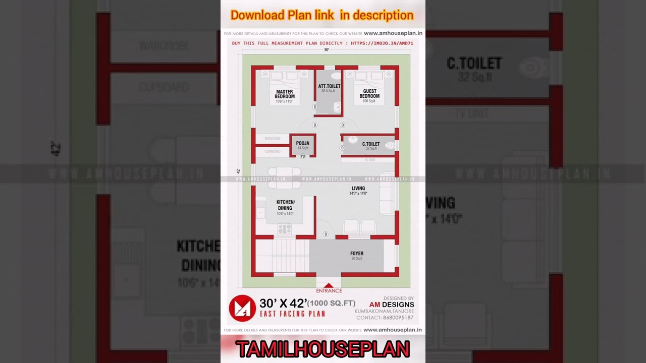 30 x 42 East facing house floor plan under 1000 square feet