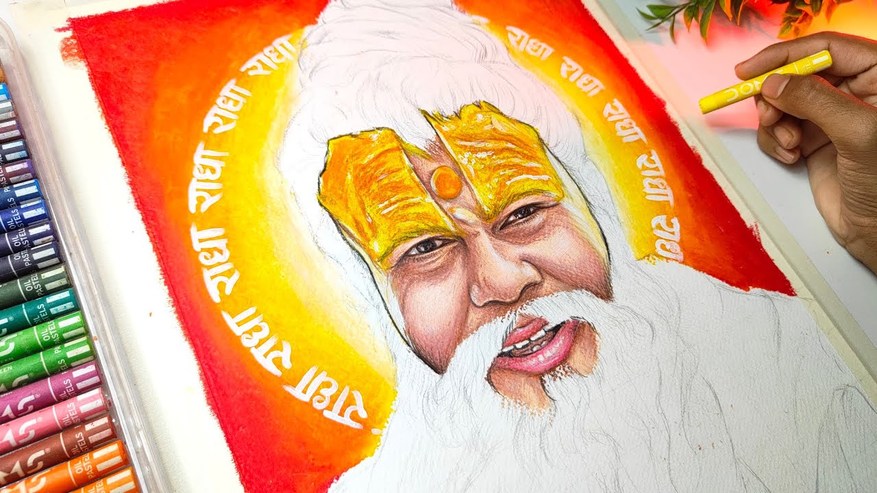 Premanand Ji Maharaj Drawing, Oil Pastel Drawing, Step by step