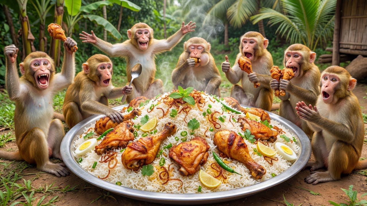 बंदर साथ में चिकन बिरयानी बना रहे हैं।🐒🍚 | Village Cooking