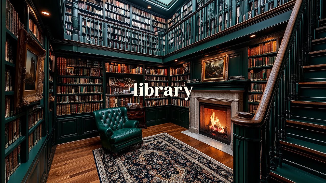 Quiet Library Ambience with Fireplace | Calming Sounds for Study, Reading & Focus