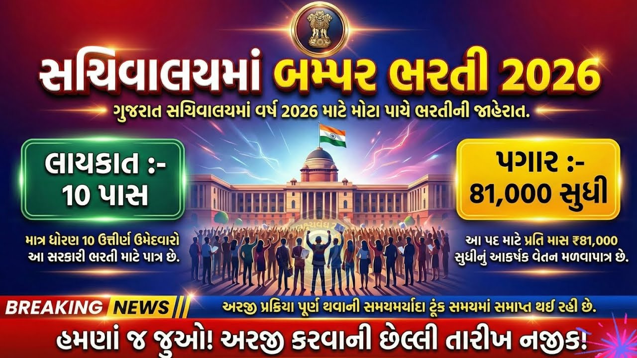 🚀 Sachivalay Bumper Bharti 2026 🎯 || Salary ₹81,000! || ૧૦ પાસ માટે Golden Chance! ||