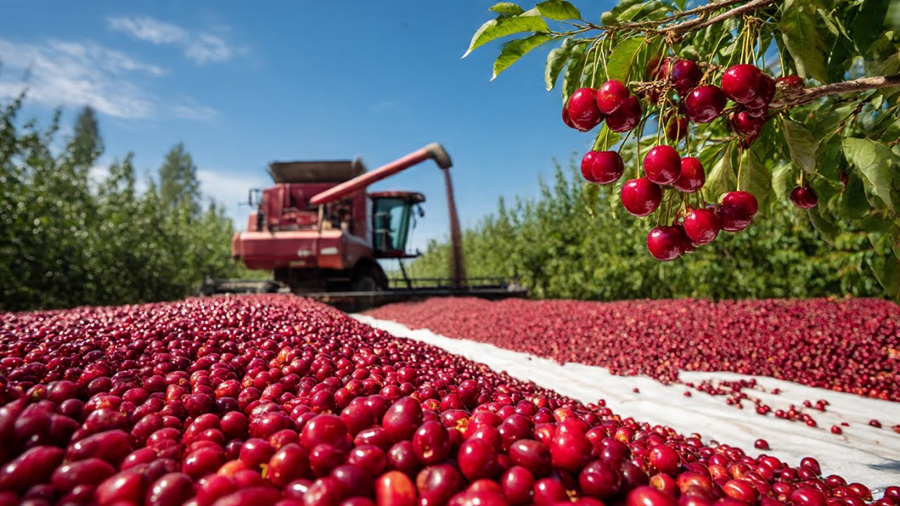 Massive Cherry Harvest in the USA | How Farmers Process Millions of Tons of Cherries