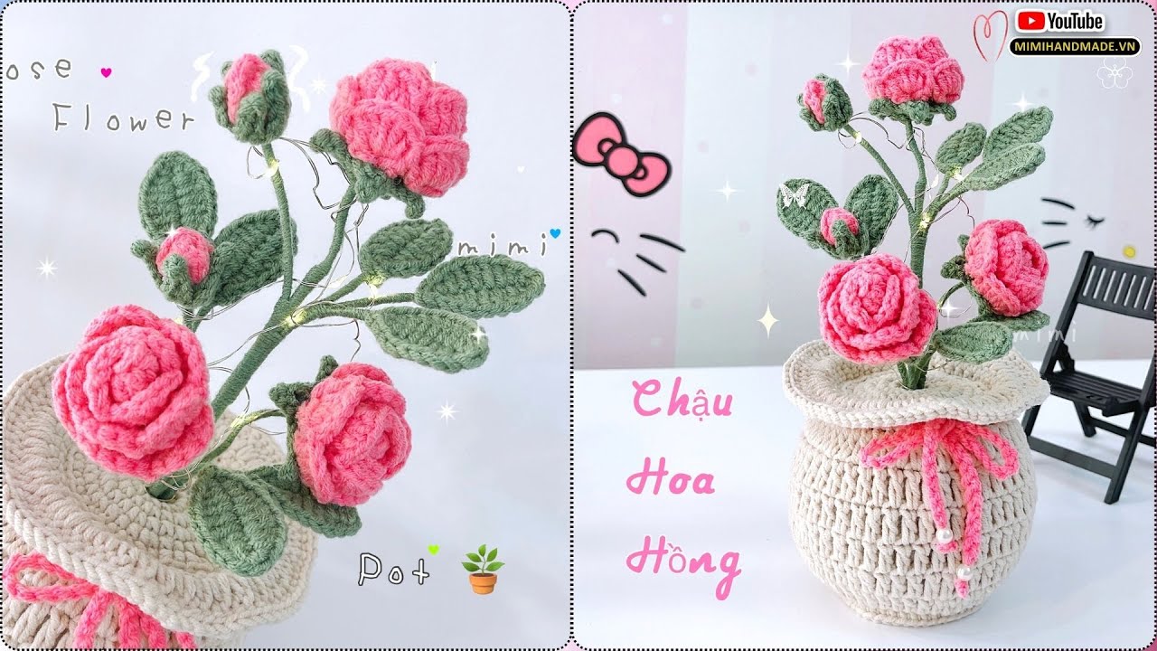 Crochet Rose Flower Pot 💐 Móc Chậu Hoa Hồng Quà Tặng Có Đèn Led Quá Xinh Đẹp | Mimi Handmade