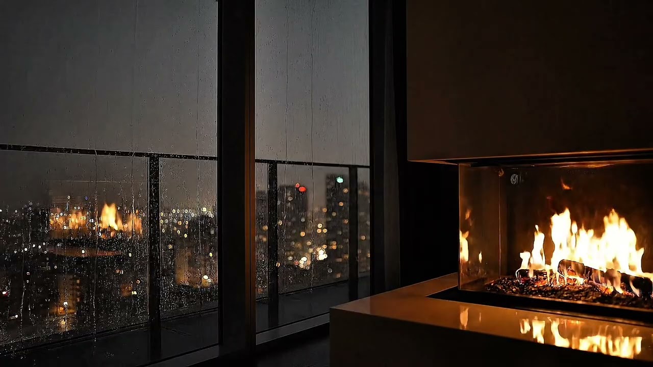 2 Hours | High-Rise Apartment in Heavy Rain & Fireplace | Deep Sleep • Anxiety Relief