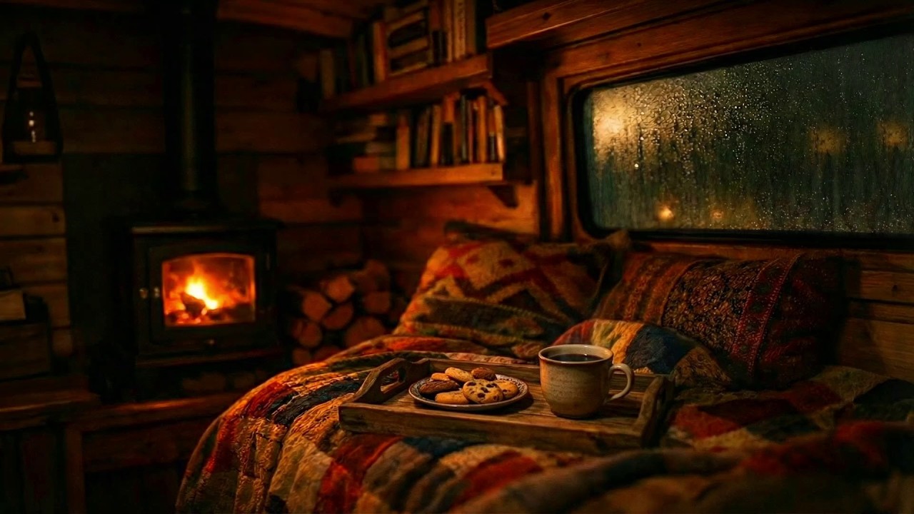 Cozy Winter Night Vibes with Soft Drizzle Rain and Crackling Fireplace Sounds