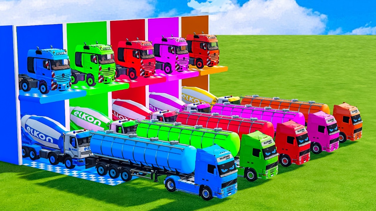 Красочный гараж FS22 - Бетоносмеситель с бортовым прицепом, Mercedes-Benz, автоцистерна, Tesla, S...