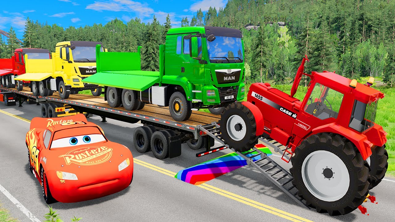 Flatbed Trailer McQueen Transportation with Truck - Speedbumps vs Cars vs Train #45 - BeamNG.Drive