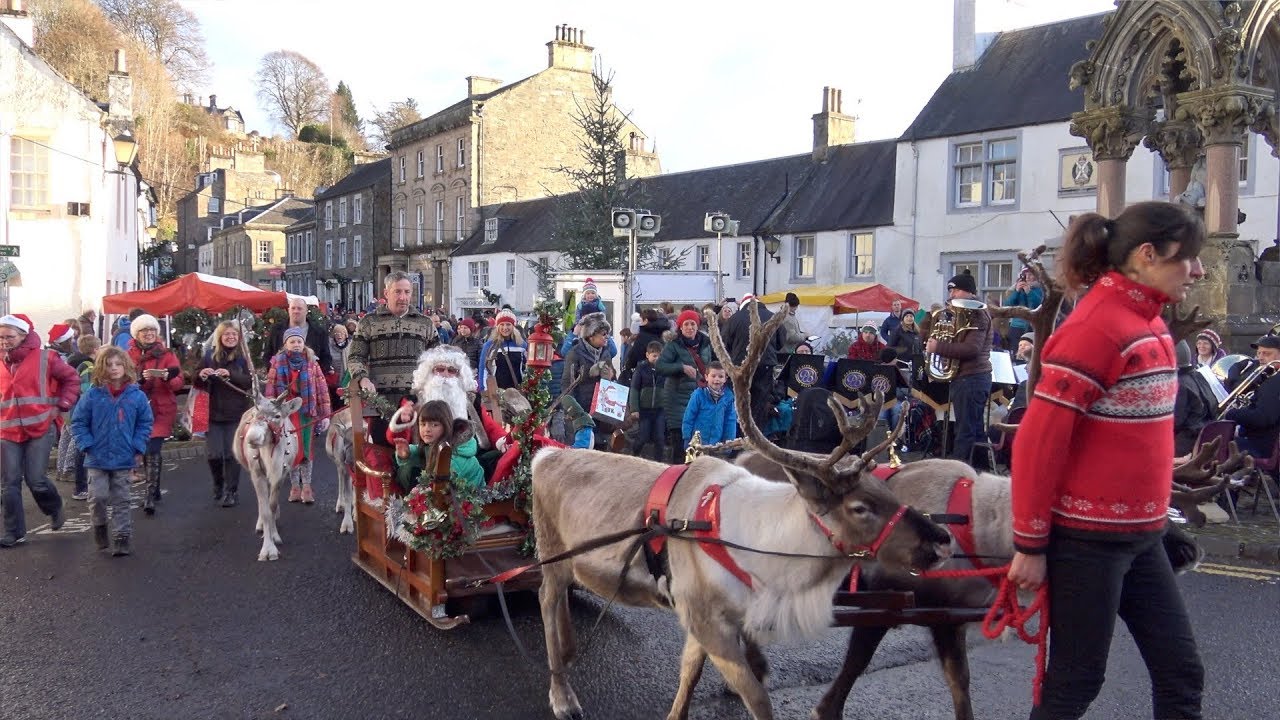 2017 Christmas parade as reindeer pull Santa through Dunkeld & Birnam in Perthshire, Scotland