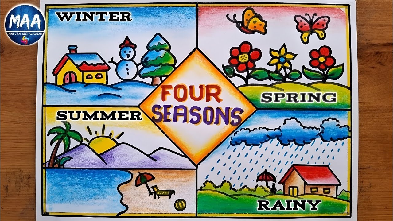 Four Seasons Drawing | How to Draw Four Seasons | Weather Season Drawing Idea 