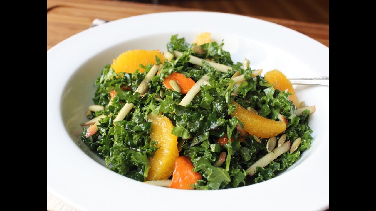 Raw Kale Salad - Sliced Raw Kale with Apples, Oranges, Persimmons & Nuts
