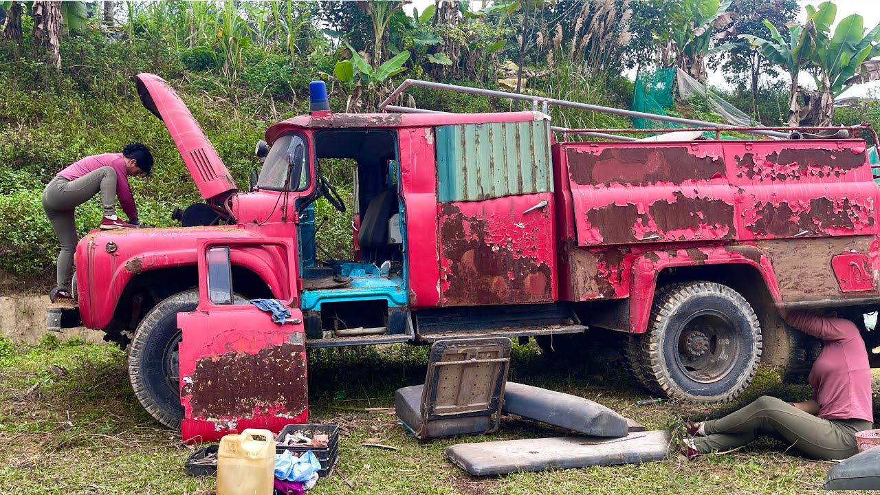The girl repaired and restored the fire truck, including fixing the severely damaged engine.