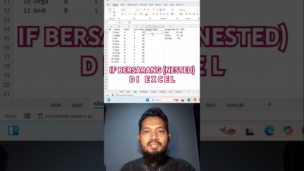 Nested IF atau IF bersarang atau multiple IF #kuliahdatasains #excel #tutorialexcel #nestedif #if