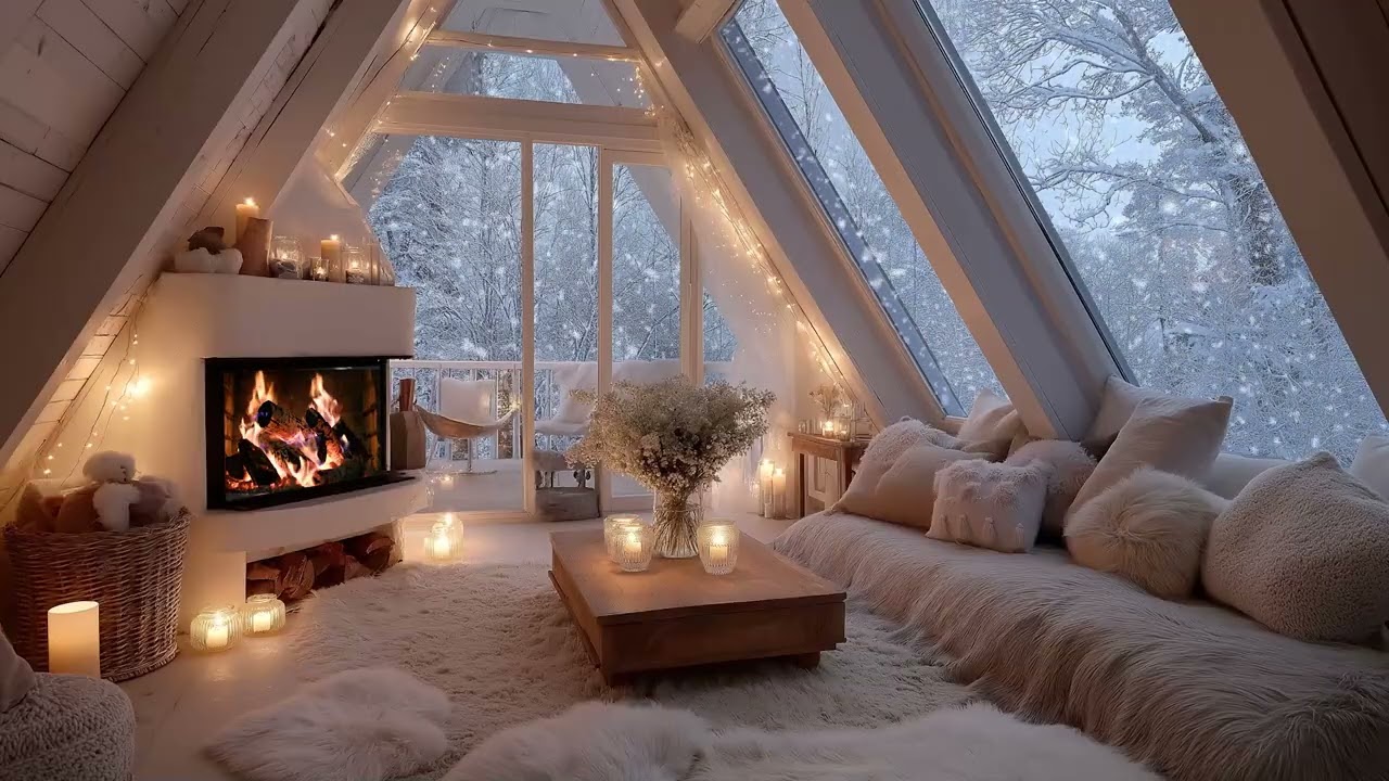 Peaceful Winter Piano & Fireplace Sounds | Snowy Night Ambience | Calm Relax Healing Focus