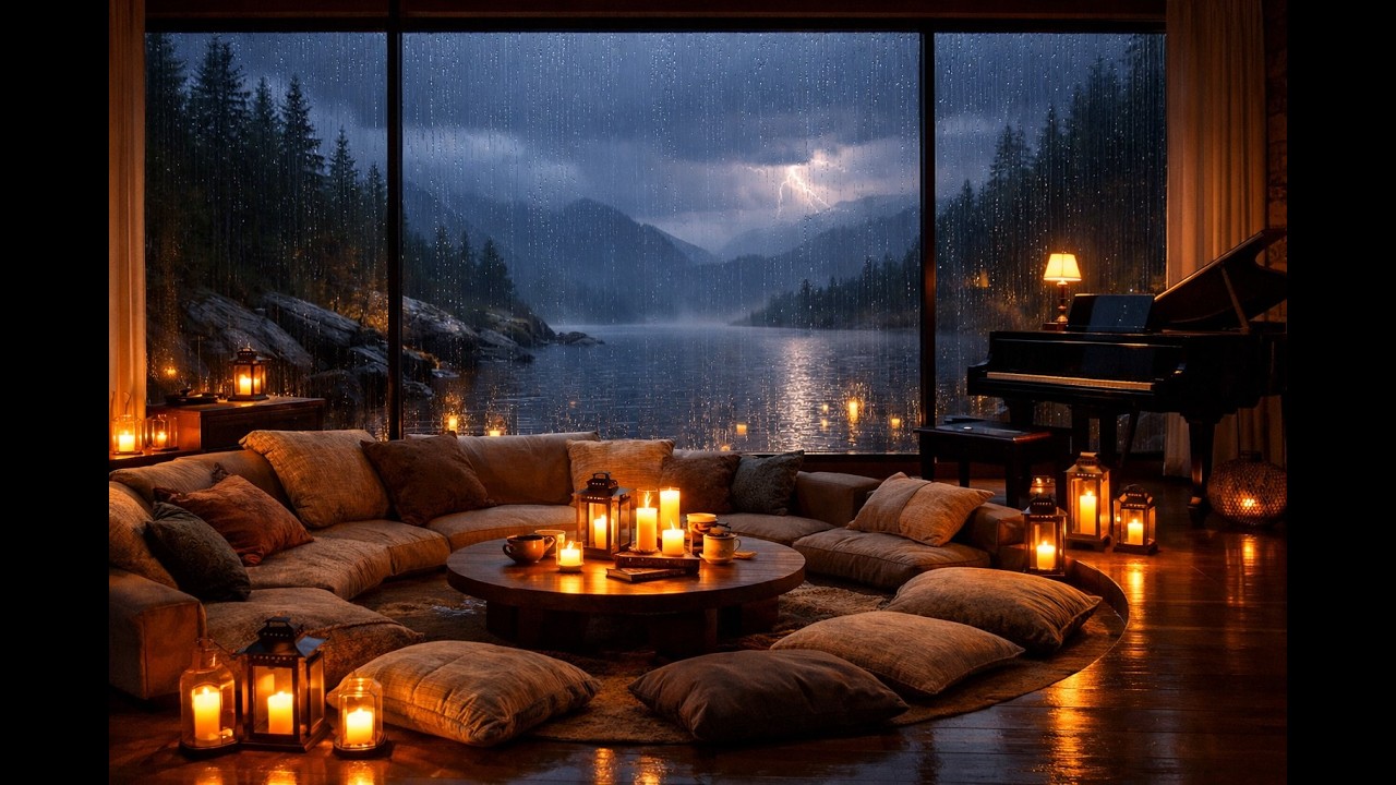 Cozy Storm Ambience ⛈️ Rain & Distant Piano for Evening Chill (3 hours)