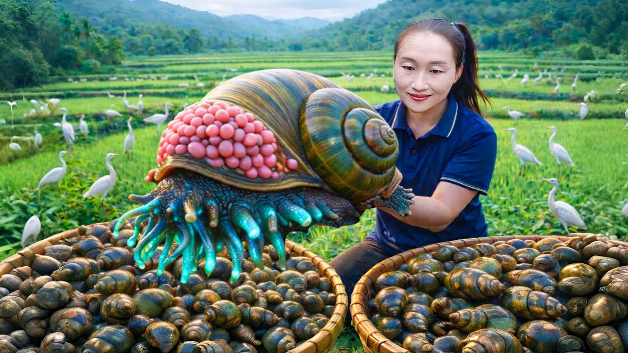 Harvesting giant snails, picking unique Buddha's hand fruits, selling bean at the market