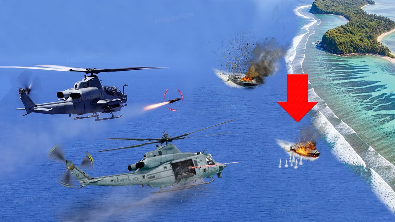 Ужасающий момент! Вертолеты AH-1Z Viper и UH-1Y Venom выполняют задачи по непосредственной авиационн