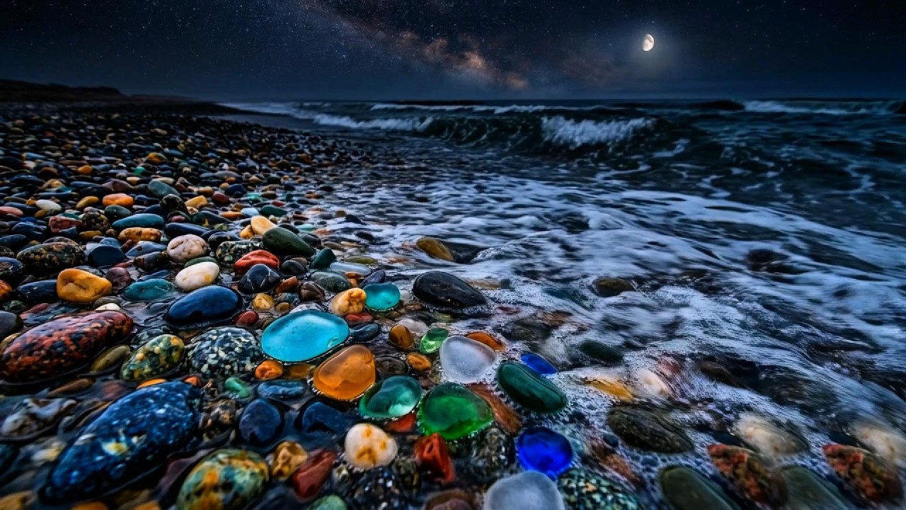 Midnight Sea Glass Beach | 8K Ultra Detailed ASMR | Relaxing Ocean Waves & Moonlit Shore