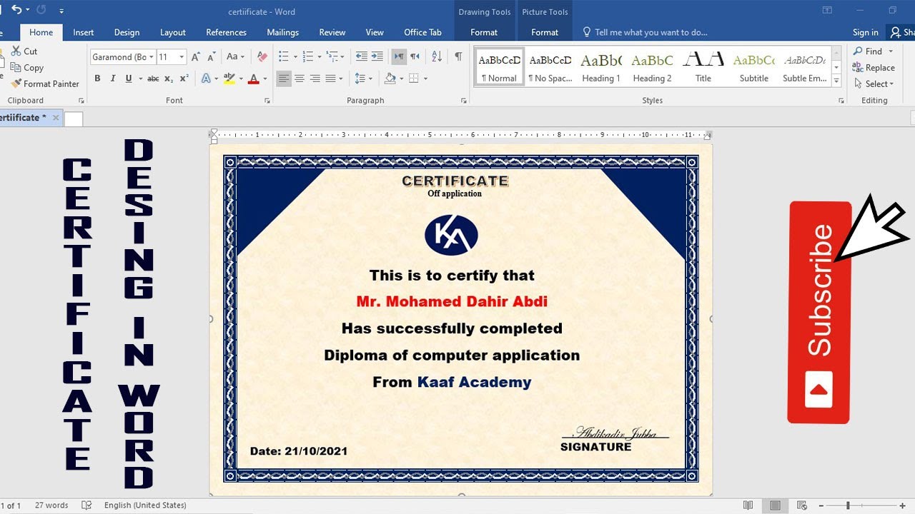 Sida Loo Sameeyo Shahaado MS-WORD (Certificate Design In Word) Kaaf Academy Tutorials