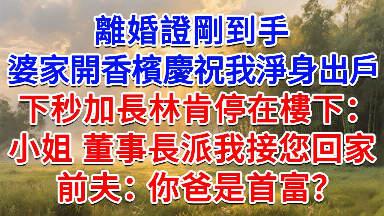離婚證剛到手，婆家開香檳慶祝我淨身出戶，下秒加長林肯停在樓下：小姐，董事長派我接您回家。前夫：你爸是首富？#為人處世 #生活經驗 #情感故事 #故事 #小說 #戀愛 #情感 #婚姻